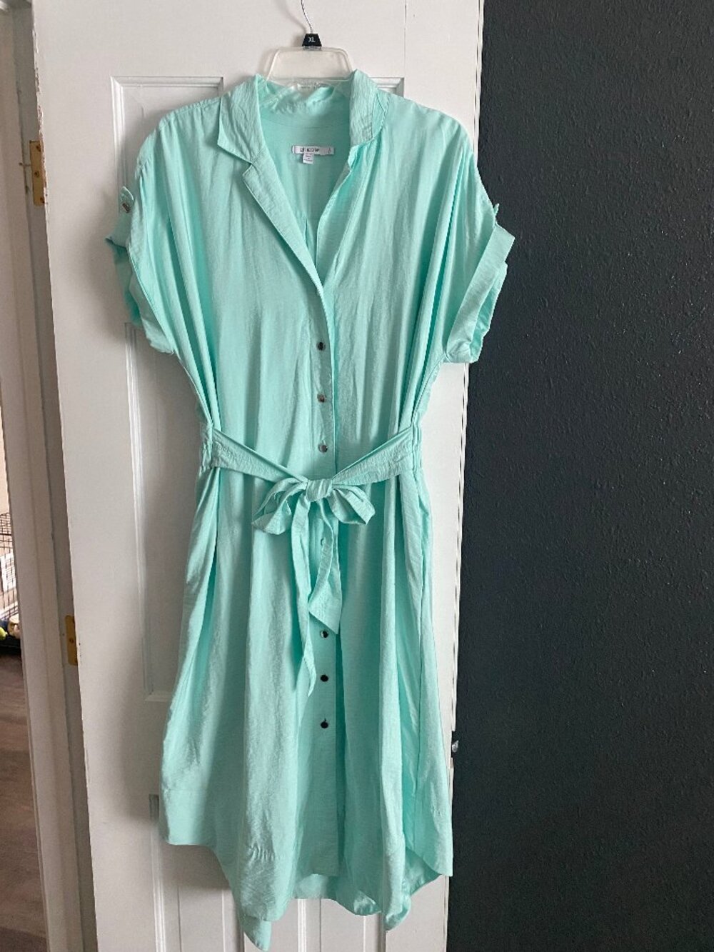 Chicos Seafoam Green Hammered Rayon Midi Shirt Dress Size 3 or XL